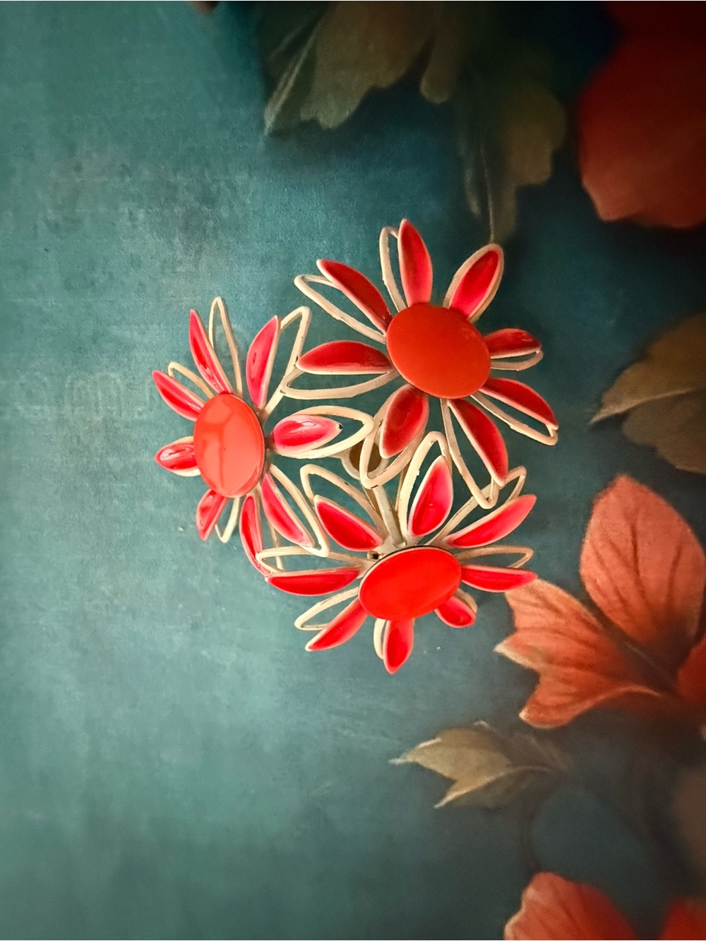 Vibrant Red Floral Enamel Brooch.